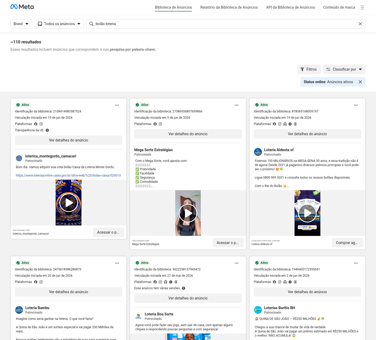 Print da Meta Ads Library para busca bolão loteria.