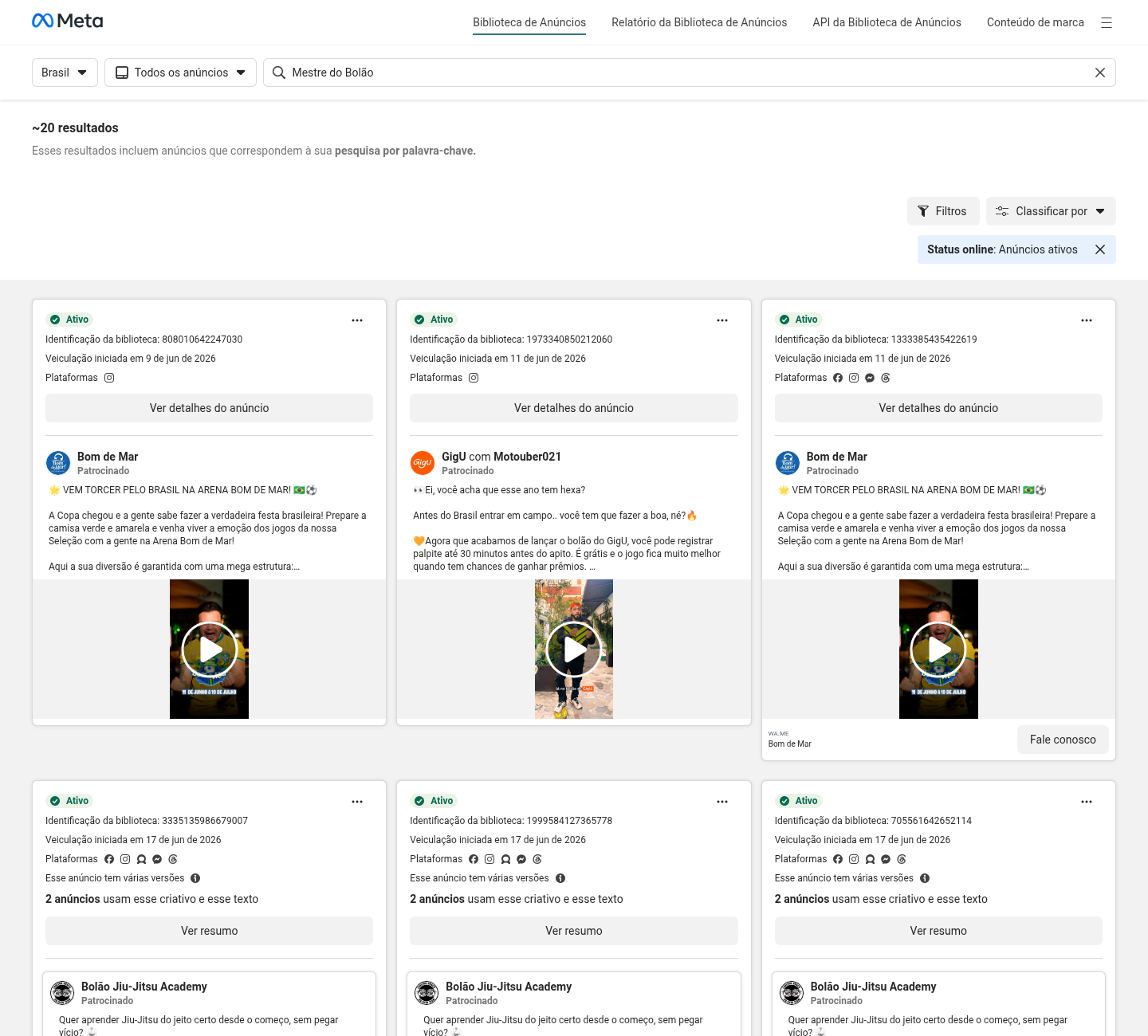 Print da Meta Ads Library com busca Mestre do Bolão.