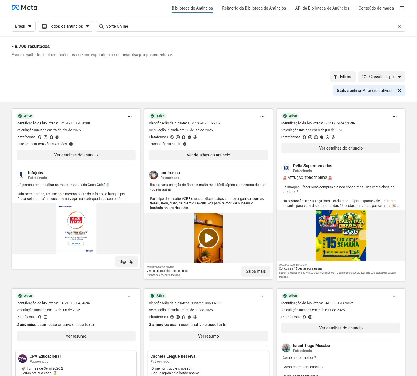 Print da Meta Ads Library com busca Sorte Online.